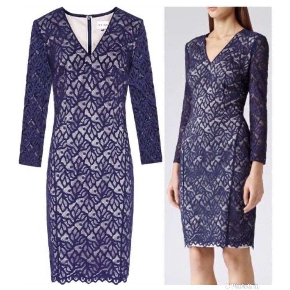 Reiss Fern Blue Lace Long Sleeve Sheath Dress